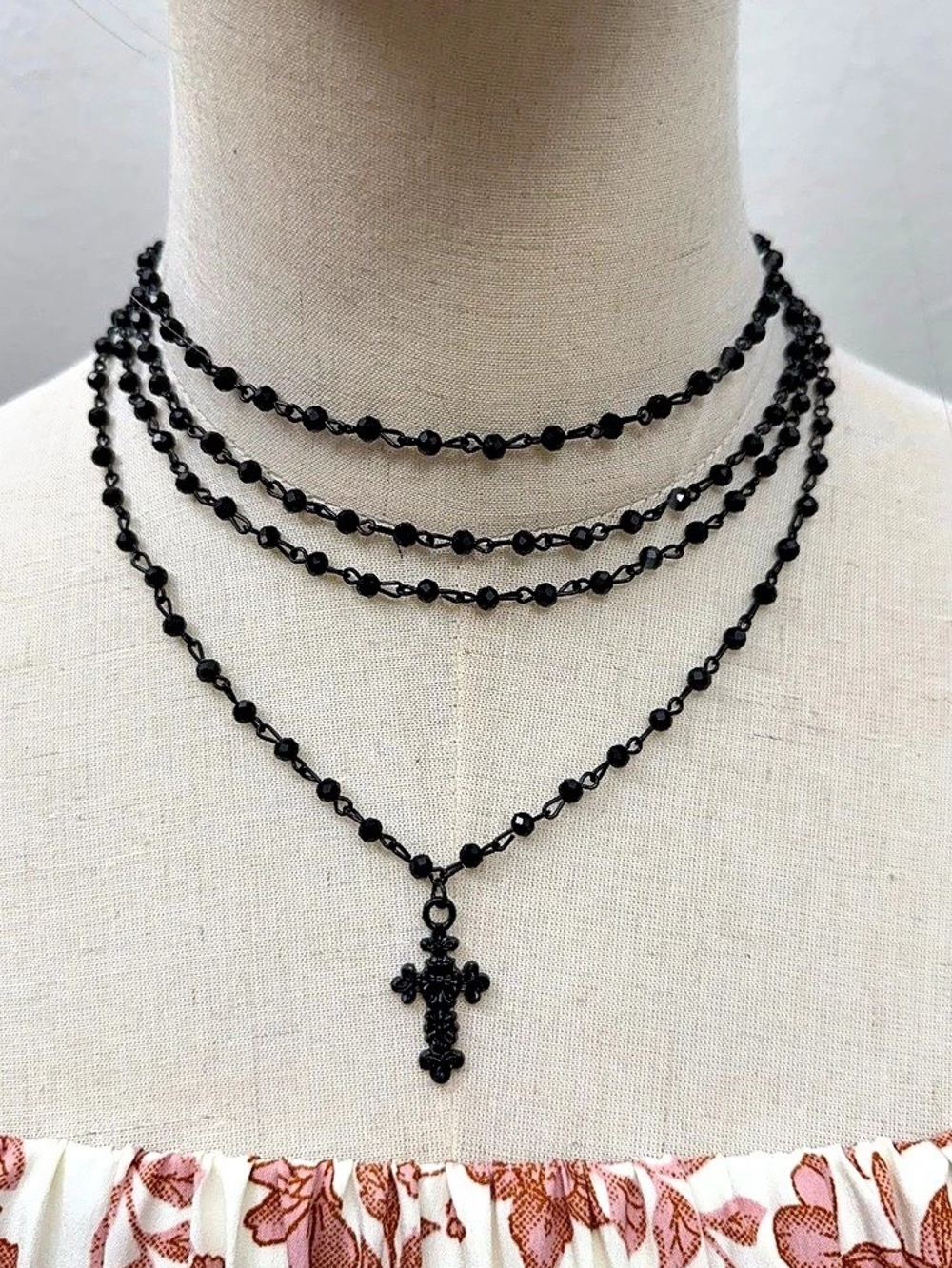 Black Layered Beaded Cross Necklace Gothic Y2K Multi Strand Choker